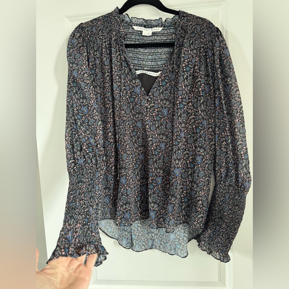 Veronica Beard Black Floral V-Neck Blouse with Blue Accents